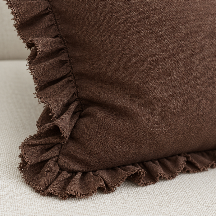 Hallie Dark Brown Ruffle Square Linen Blend Cushion Cover – fabric detail 3
