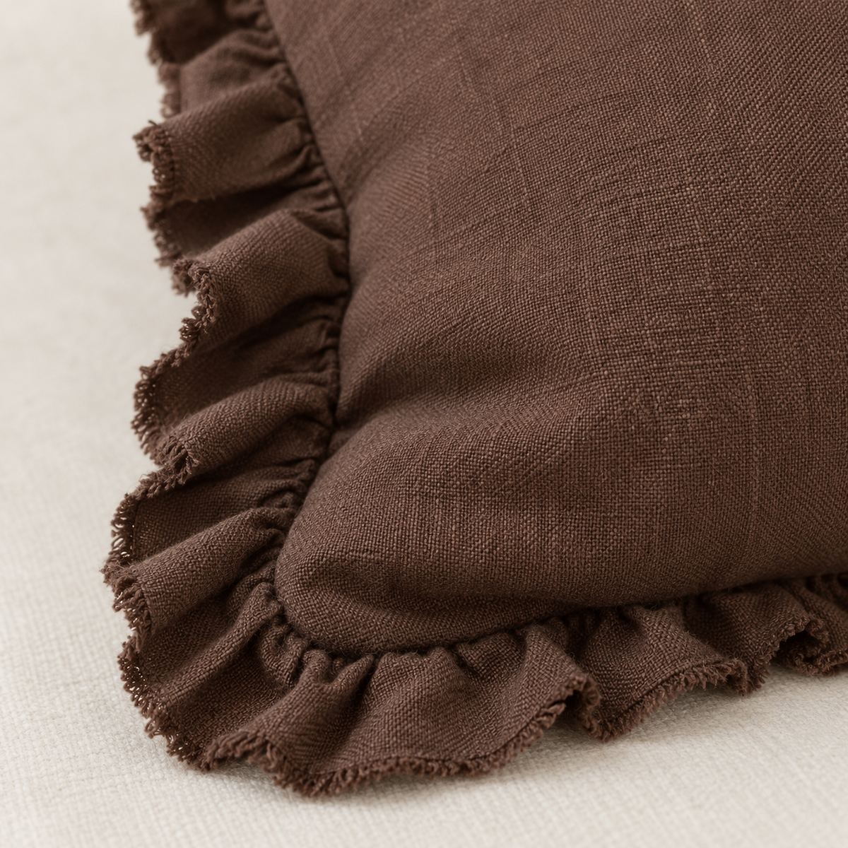 Hallie Dark Brown Ruffle Square Linen Blend Cushion Cover – fabric detail 4