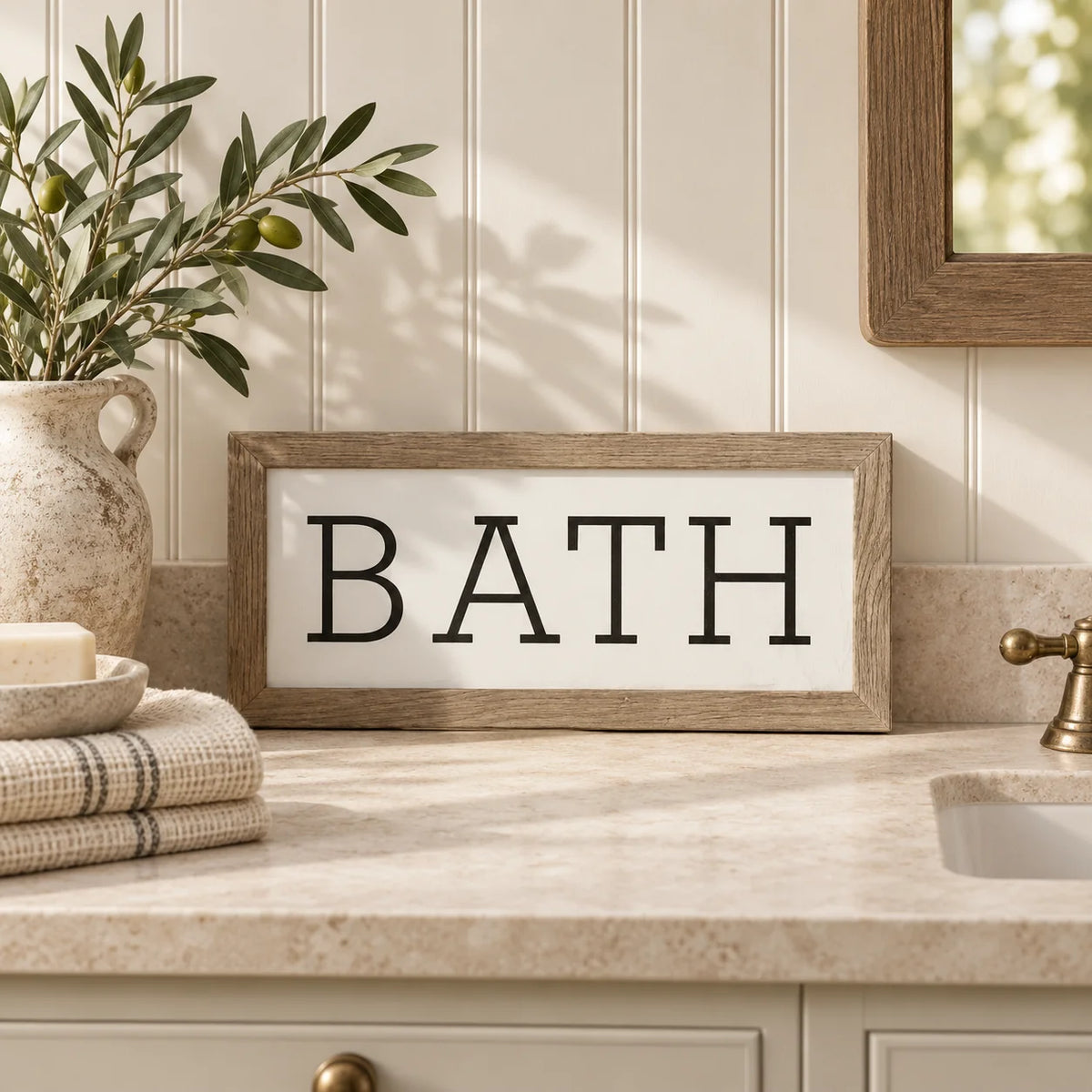 Brayden and Brooks Bath medium rustic oak sign, approximately 41 x 18 cm styled at true scale in a classic modern country interior, view 1.