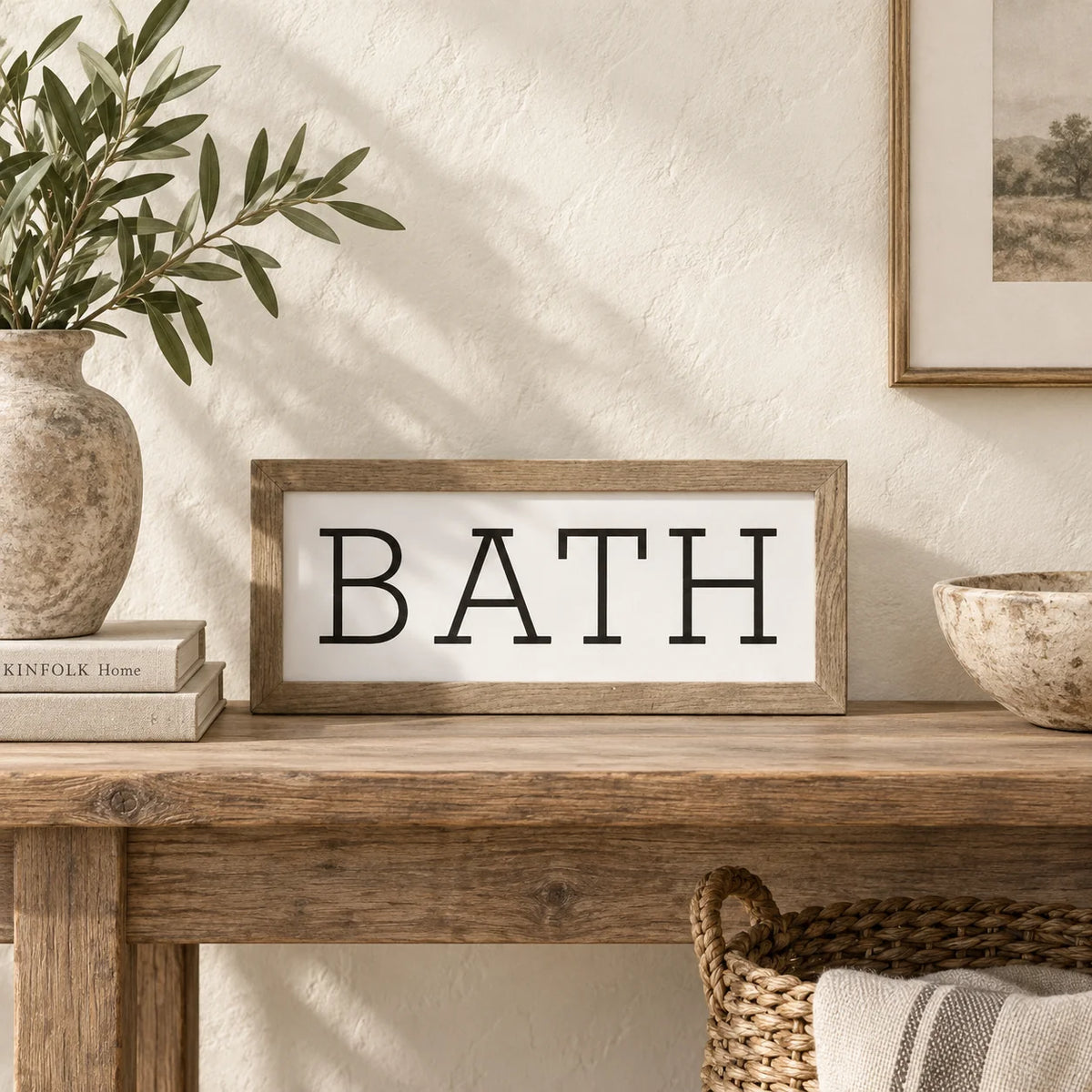 Brayden and Brooks Bath medium rustic oak sign, approximately 41 x 18 cm styled at true scale in a classic modern country interior, view 2.