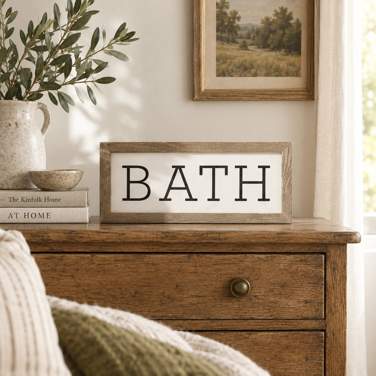 Brayden and Brooks Bath medium rustic oak sign, approximately 41 x 18 cm styled at true scale in a classic modern country interior, view 3.