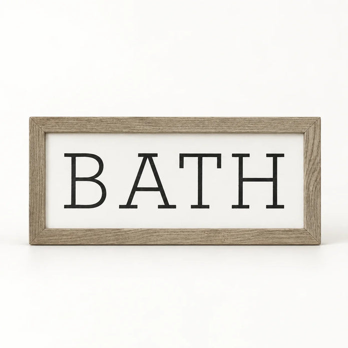 Brayden and Brooks Bath medium rustic oak sign, approximately 41 x 18 cm, straight-on studio view on white.