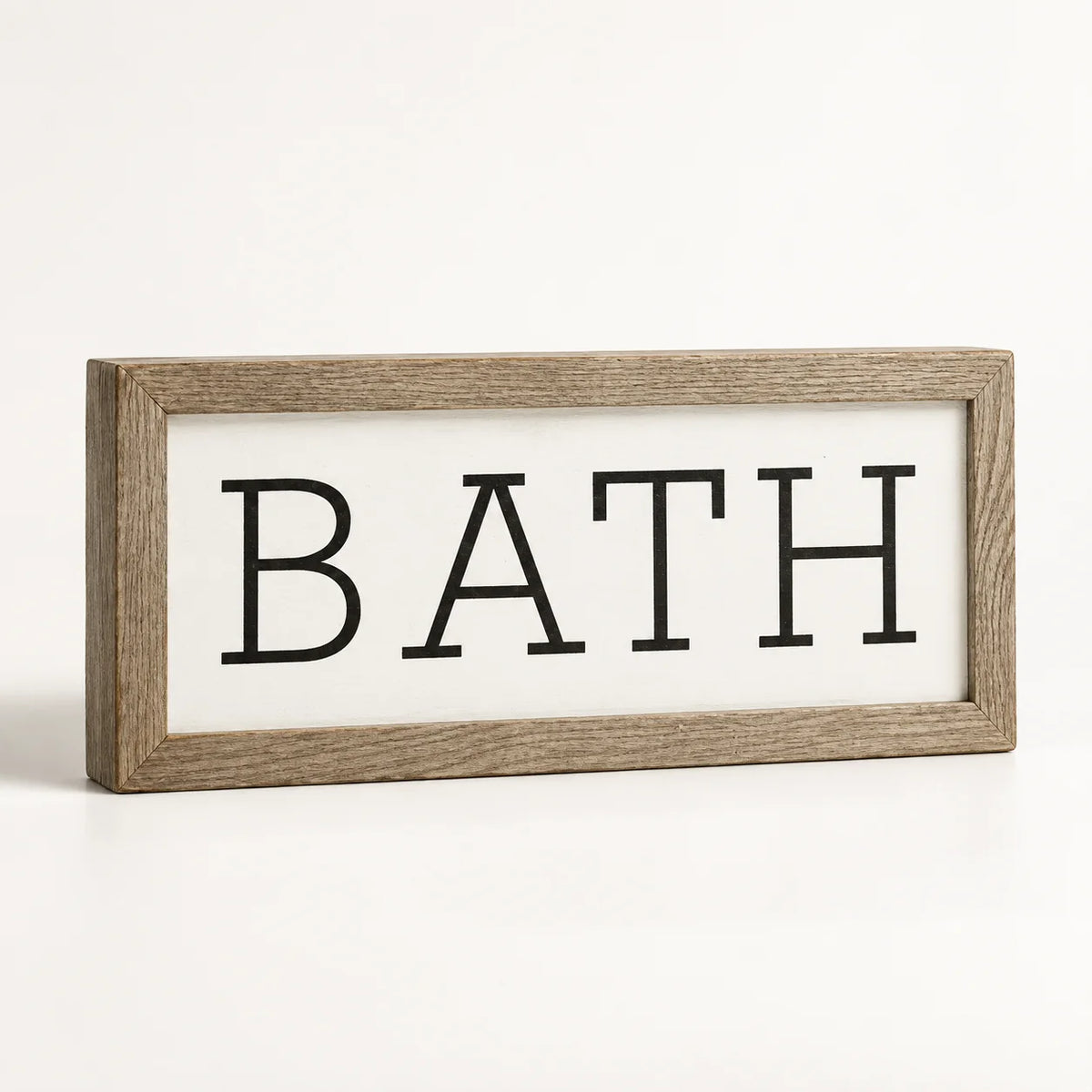 Brayden and Brooks Bath medium rustic oak sign, approximately 41 x 18 cm, angled studio view on white.
