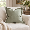 Chloe Sage Green And Cream Square Scalloped Edge Cushion Cover – styled view 1