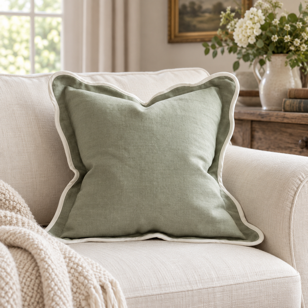 Chloe Sage Green And Cream Square Scalloped Edge Cushion Cover – styled view 1