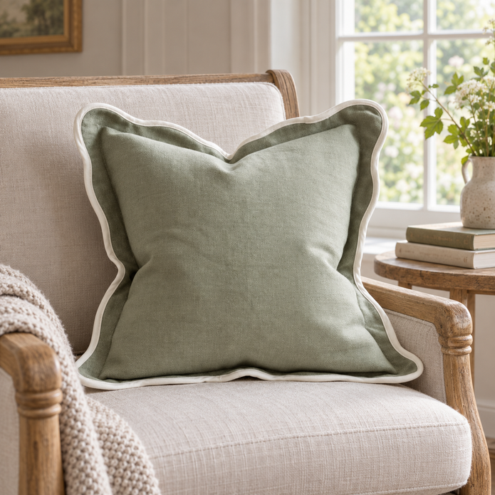 Chloe Sage Green And Cream Square Scalloped Edge Cushion Cover – styled view 2