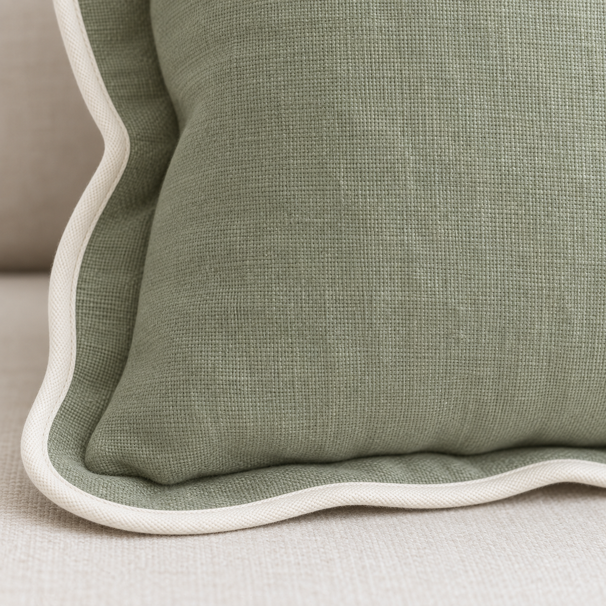 Chloe Sage Green And Cream Square Scalloped Edge Cushion Cover – fabric detail 3