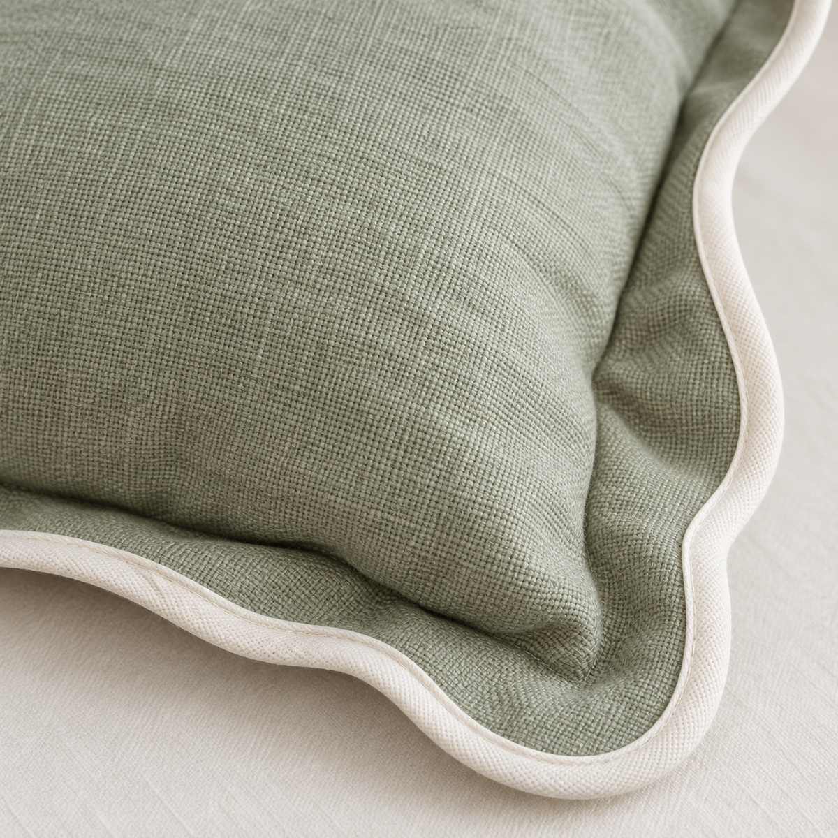 Chloe Sage Green And Cream Square Scalloped Edge Cushion Cover – fabric detail 4