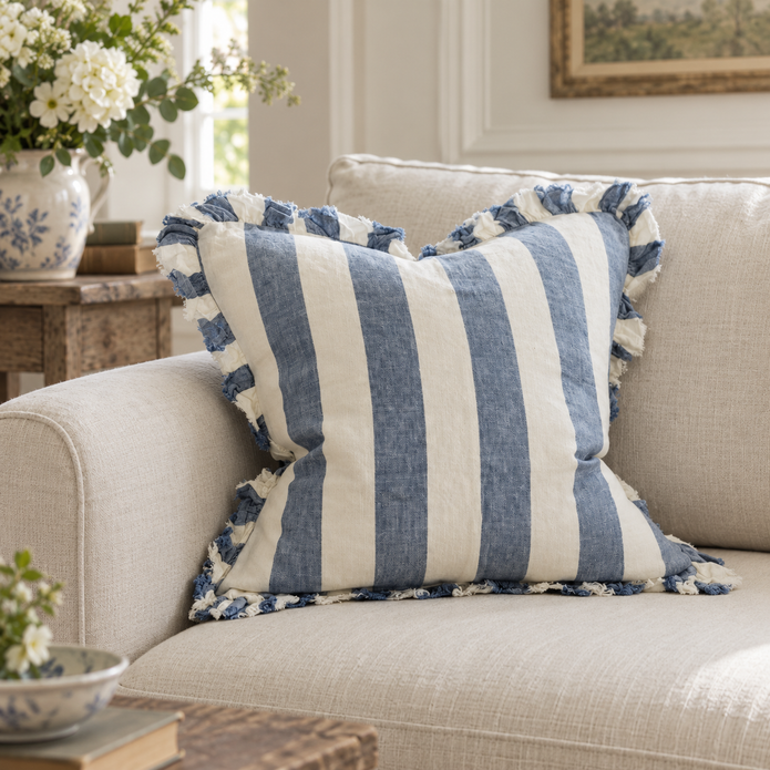 Hallie Blue And White Wide Stripe Luxury Cotton Blend Cushion Cover – styled view 1