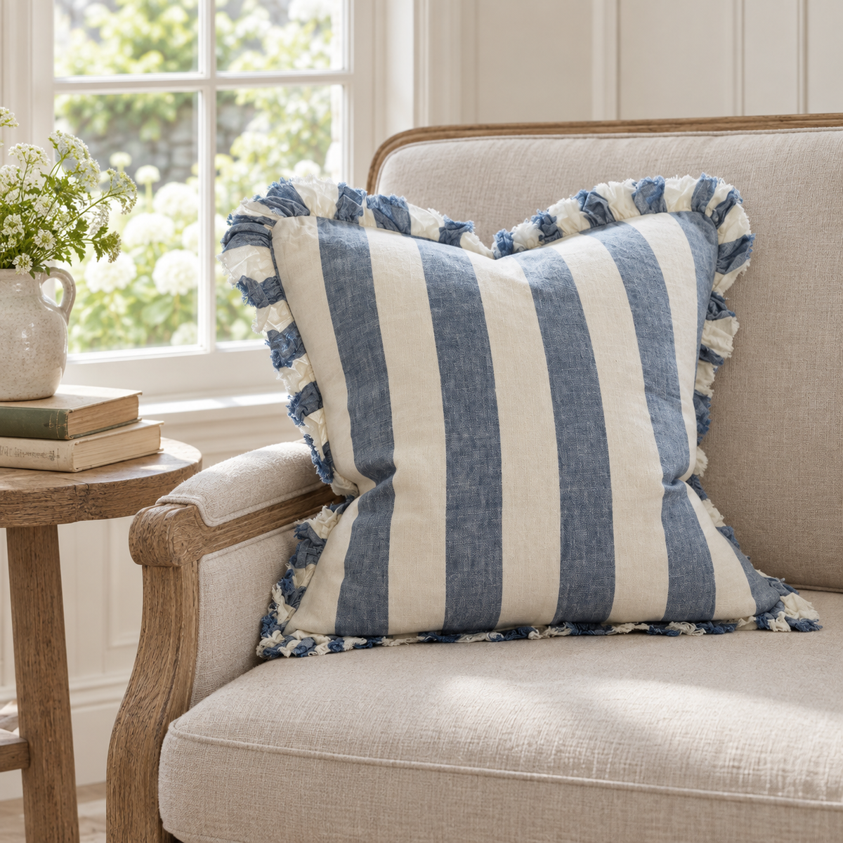 Hallie Blue And White Wide Stripe Luxury Cotton Blend Cushion Cover – styled view 2