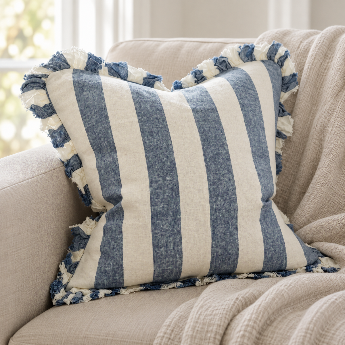 Hallie Blue And White Wide Stripe Luxury Cotton Blend Cushion Cover – styled view 3