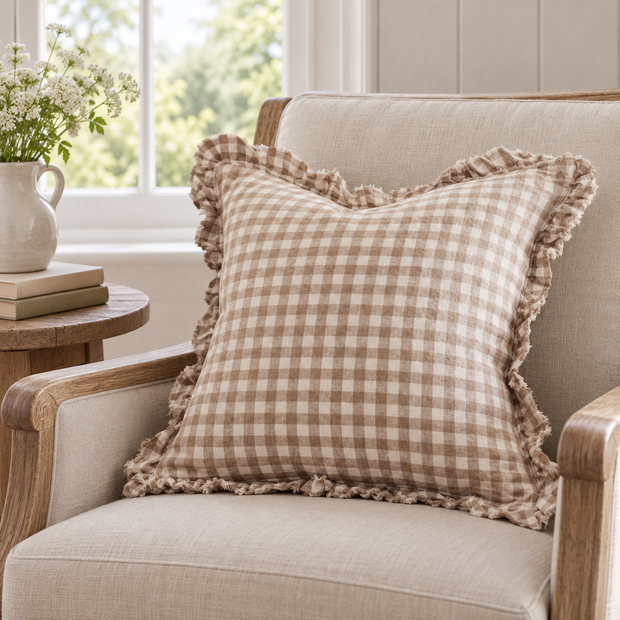 Hallie Coffee Brown Square Gingham Cushion Cover – styled view 2