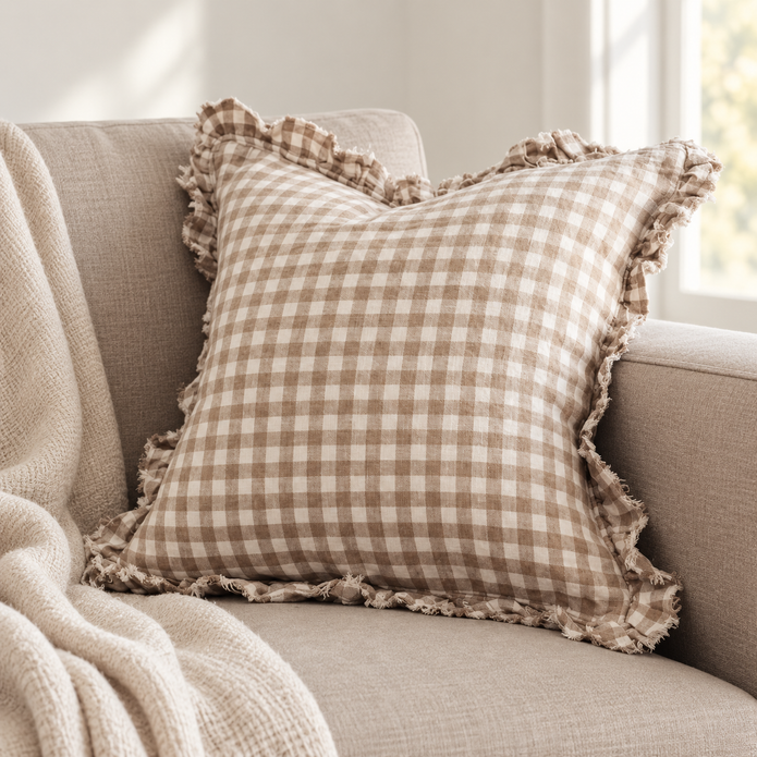 Hallie Coffee Brown Square Gingham Cushion Cover – styled view 3