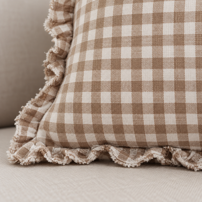 Hallie Coffee Brown Square Gingham Cushion Cover – fabric detail 3