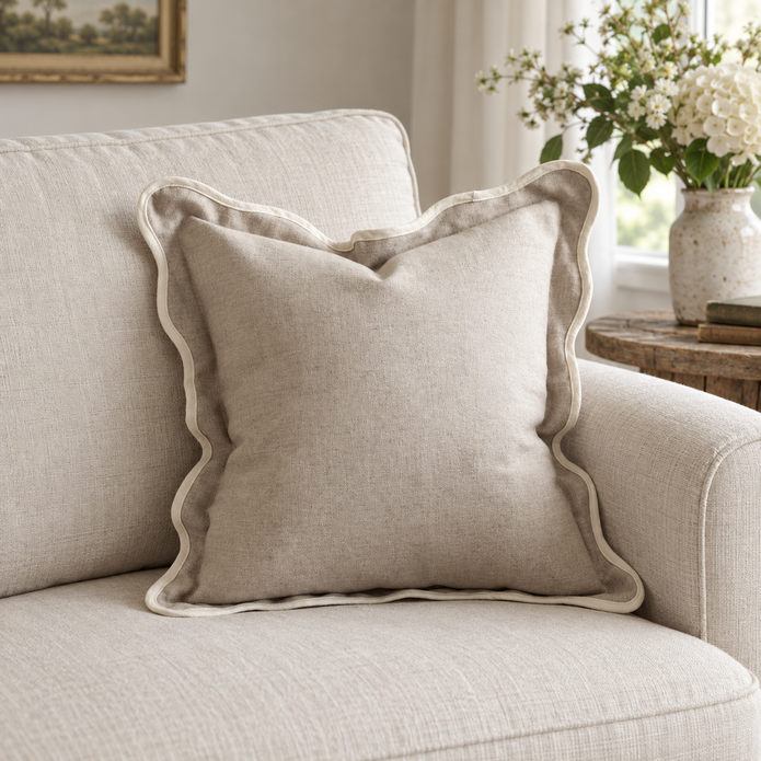 Chloe Beige And Cream Scalloped Edge Cushion Cover – styled view 1