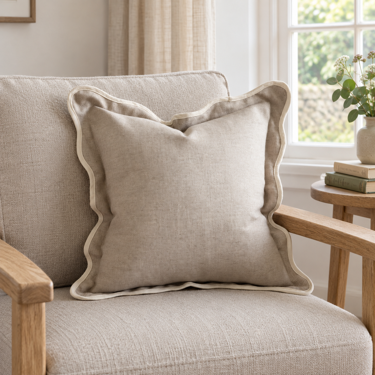 Chloe Beige And Cream Scalloped Edge Cushion Cover – styled view 2