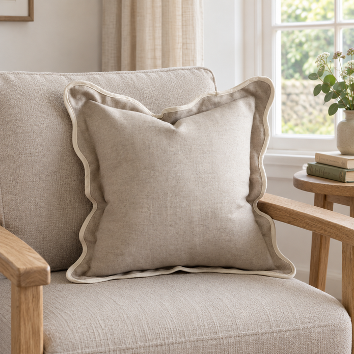 Chloe Beige And Cream Scalloped Edge Cushion Cover – styled view 2