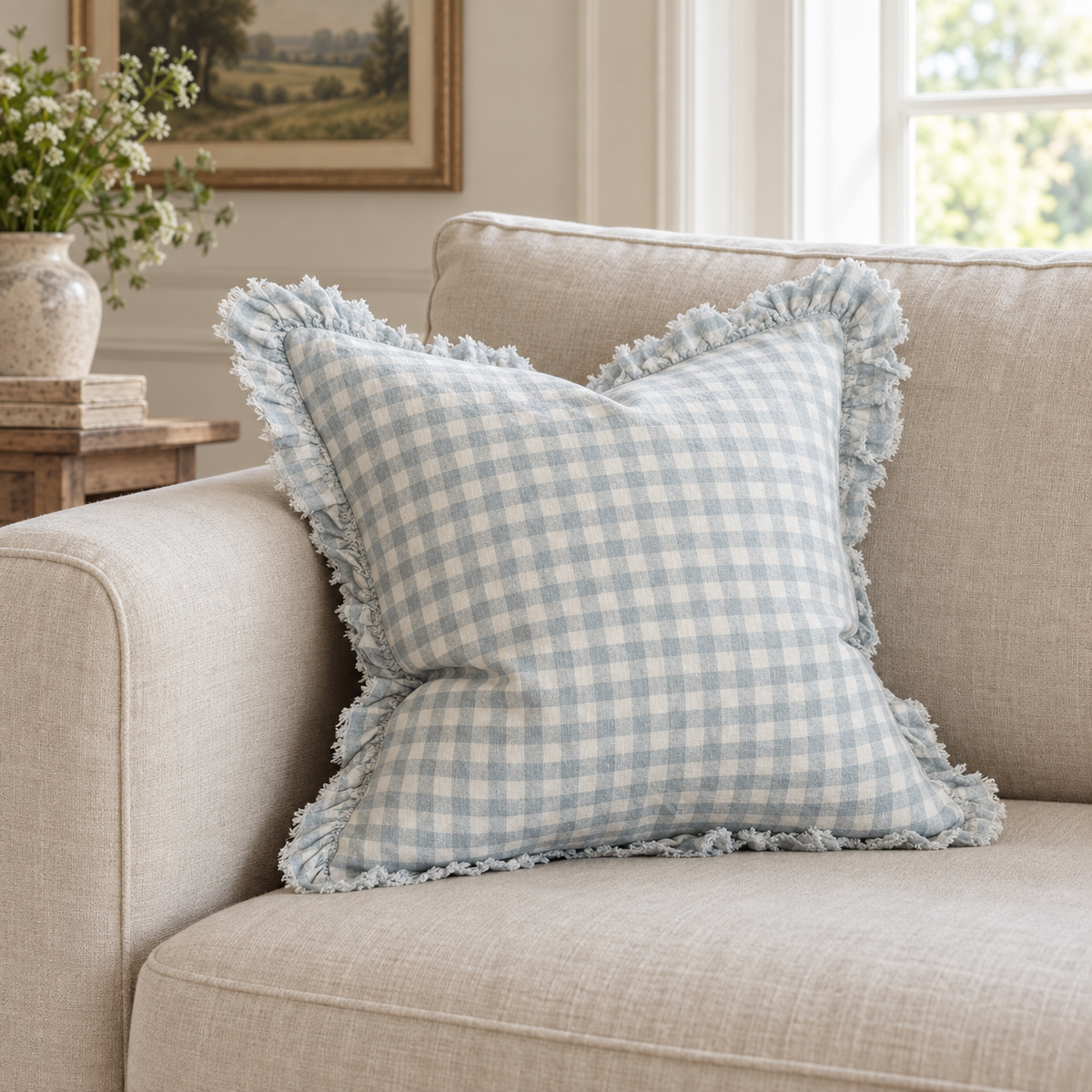 Hallie Ocean Blue Square Gingham Cushion Cover – styled view 1