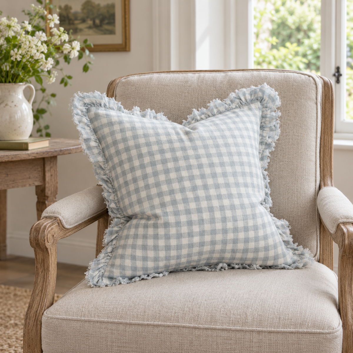 Hallie Ocean Blue Square Gingham Cushion Cover – styled view 2