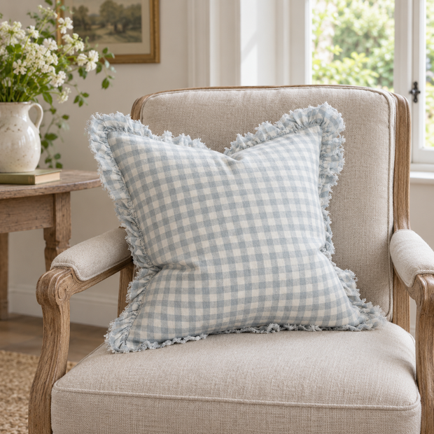 Hallie Ocean Blue Square Gingham Cushion Cover – styled view 2