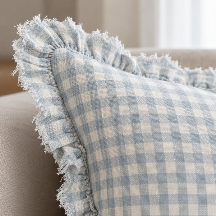 Hallie Ocean Blue Square Gingham Cushion Cover – fabric detail 1