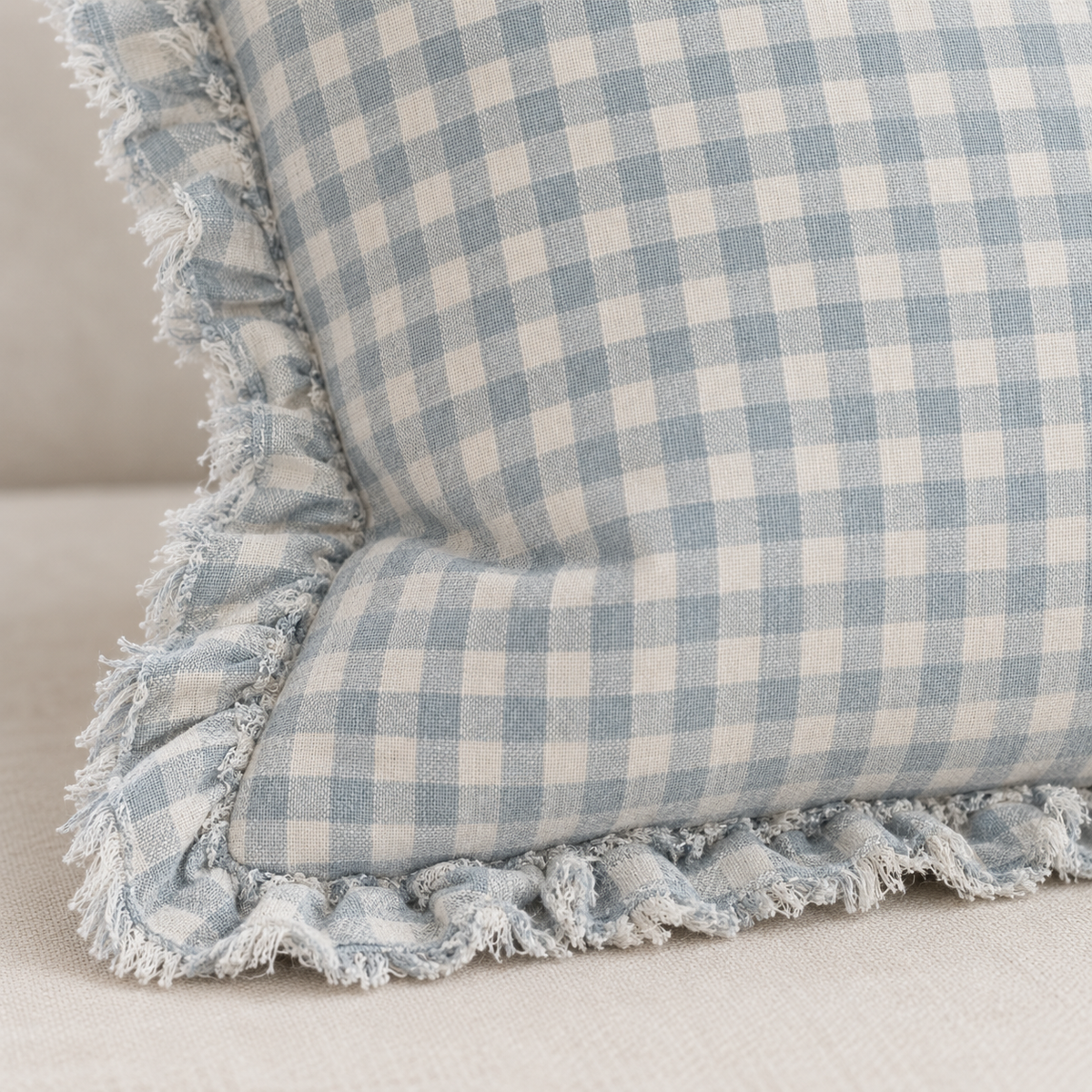 Hallie Ocean Blue Square Gingham Cushion Cover – fabric detail 3