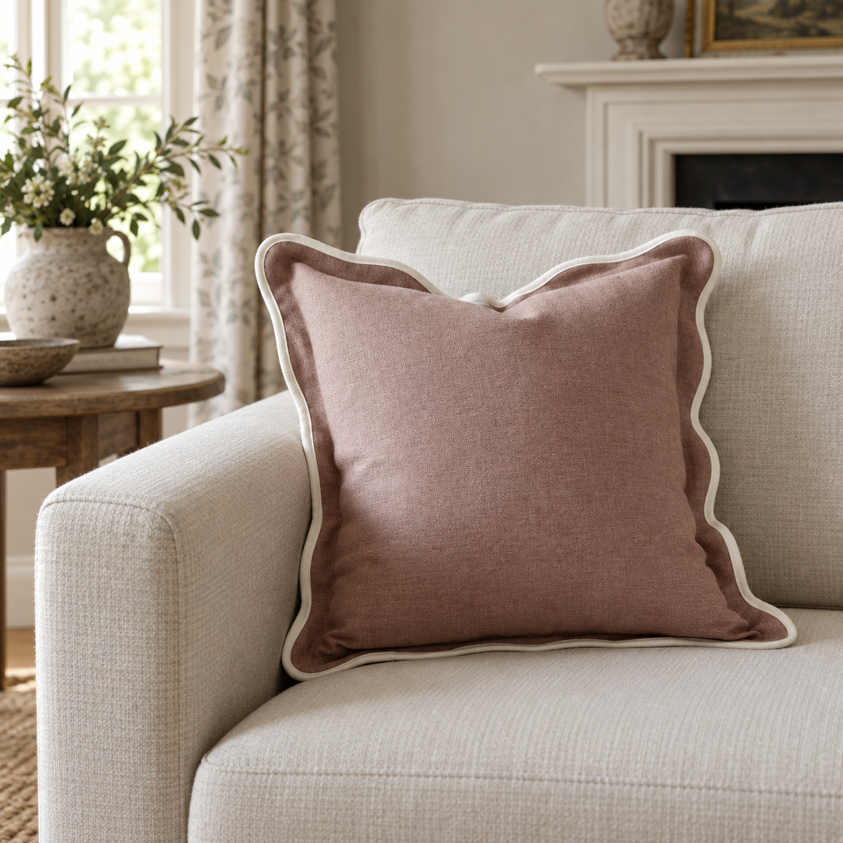 Chloe Dusty Pink Square Scalloped Cushion Cover – styled view 1