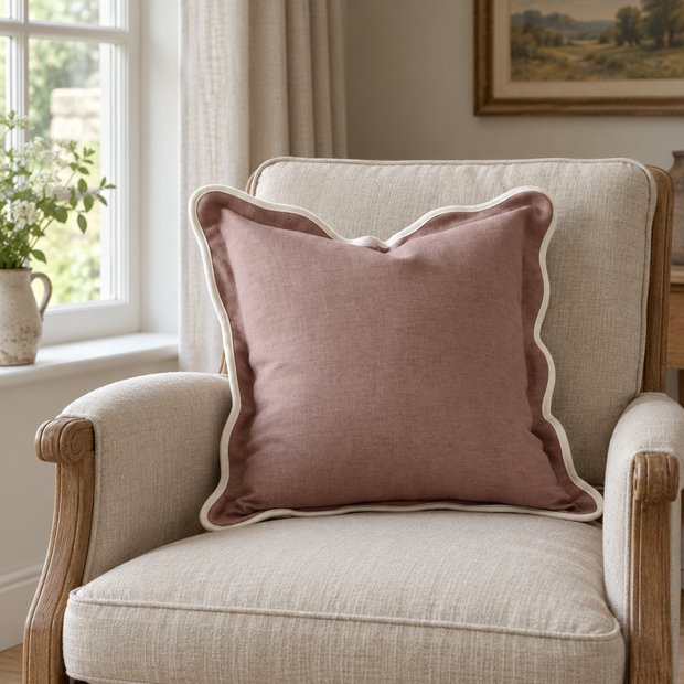 Chloe Dusty Pink Square Scalloped Cushion Cover – styled view 2