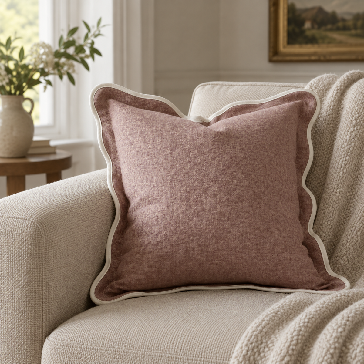 Chloe Dusty Pink Square Scalloped Cushion Cover – styled view 3