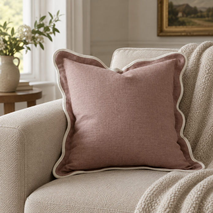 Chloe Dusty Pink Square Scalloped Cushion Cover – styled view 3