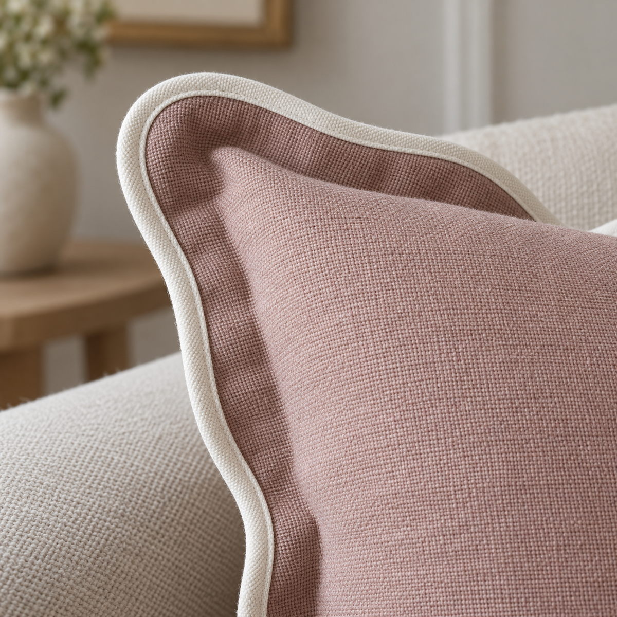 Chloe Dusty Pink Square Scalloped Cushion Cover – fabric detail 1