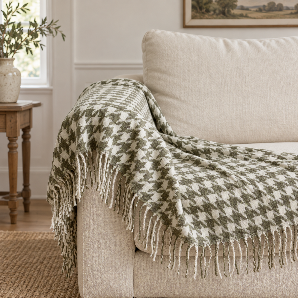 Olive Green Houndstooth Blanket Throw – styled view 1