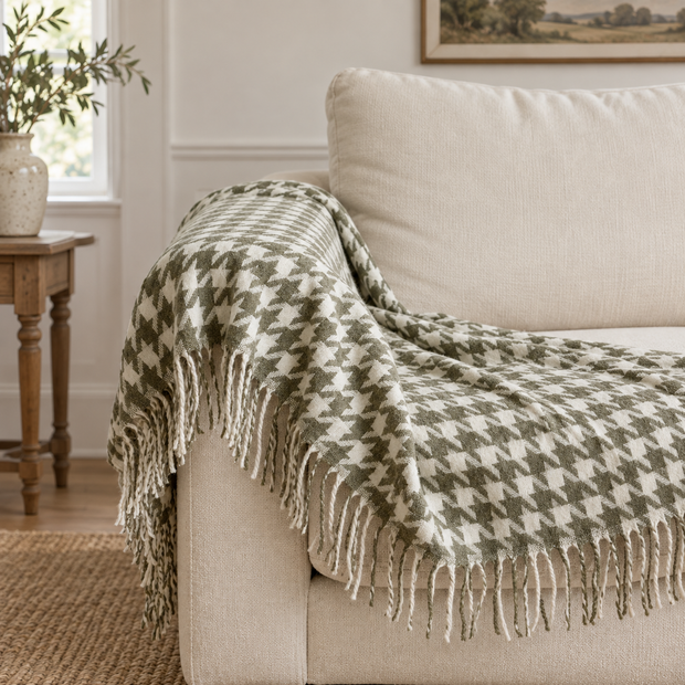 Olive Green Houndstooth Blanket Throw – styled view 1