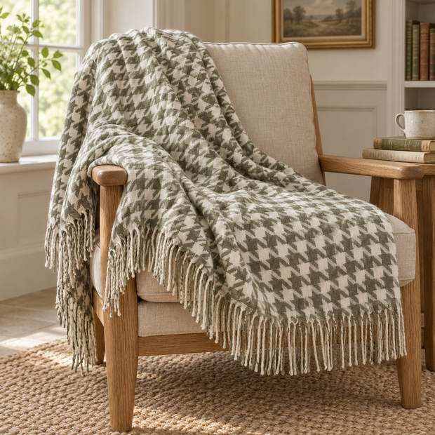 Olive Green Houndstooth Blanket Throw – styled view 2