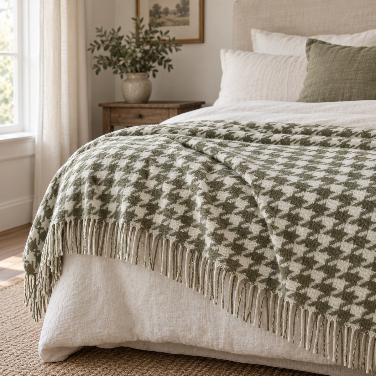 Olive Green Houndstooth Blanket Throw – styled view 3