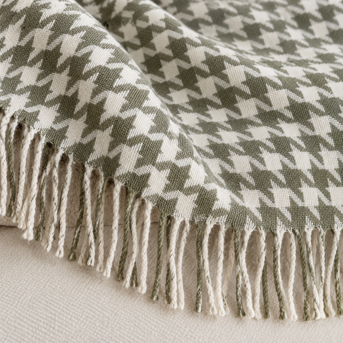 Olive Green Houndstooth Blanket Throw – fabric detail 3