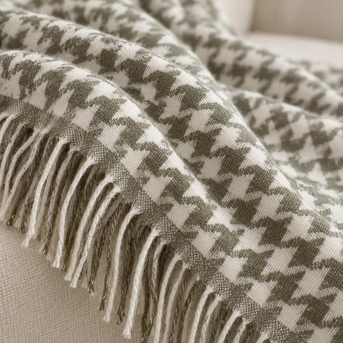 Olive Green Houndstooth Blanket Throw – fabric detail 4