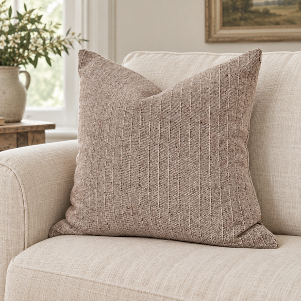 Eva Beige Stripped Cushion Cover – styled view 1