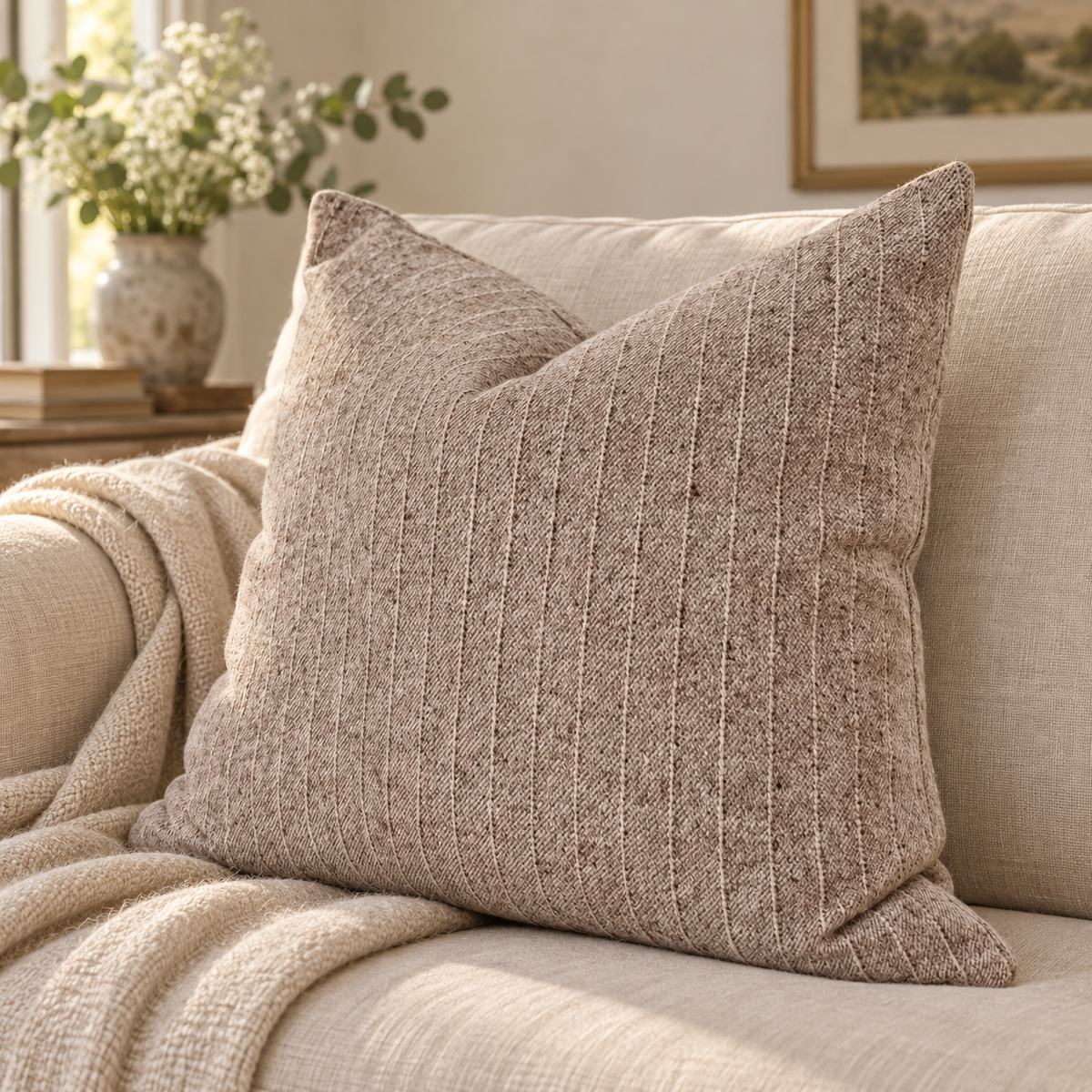 Eva Beige Stripped Cushion Cover – styled view 3