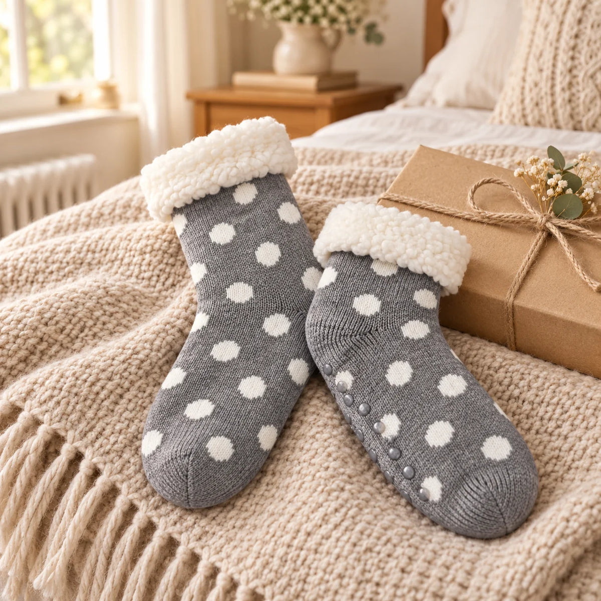 Grey and white spot fleece-lined slipper socks styled beside a gift box