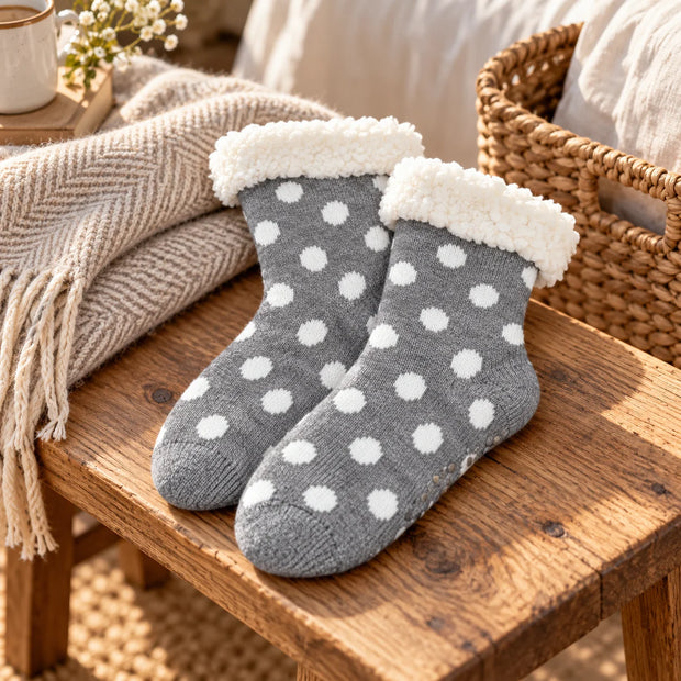 Grey spotted slipper socks with fluffy cuffs on a rustic oak bench