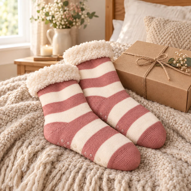 Pink and white stripe fleece-lined slipper socks styled beside a gift box