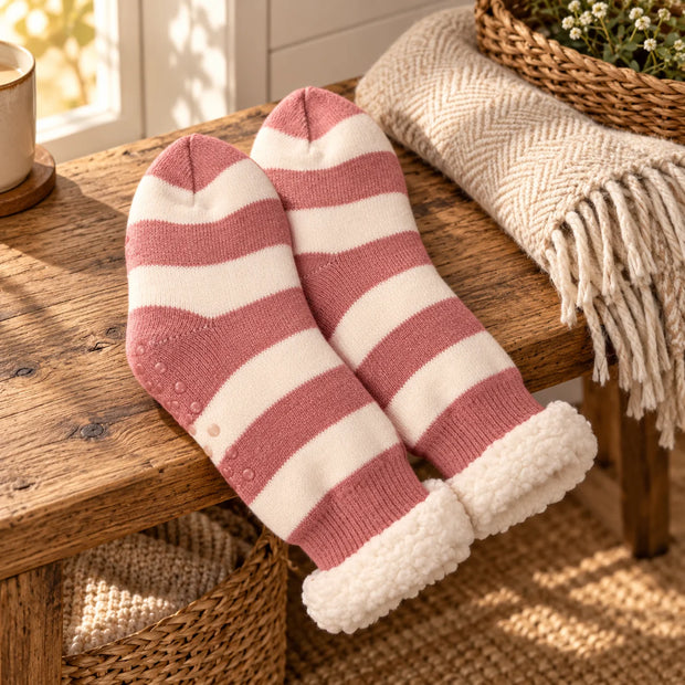 Pink striped slipper socks with fluffy cuffs on a rustic oak bench