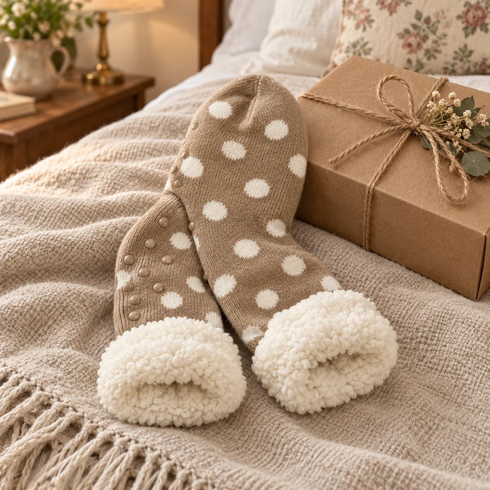 Beige polka dot fleece-lined slipper socks styled beside a kraft gift box