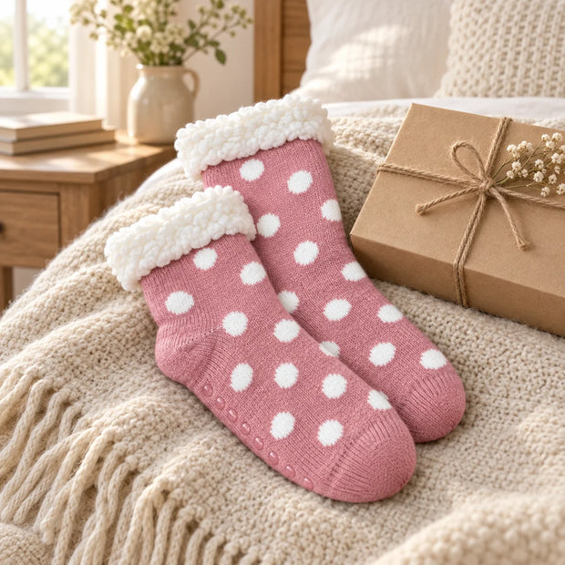 Pink and white spot fleece-lined slipper socks styled beside a gift box