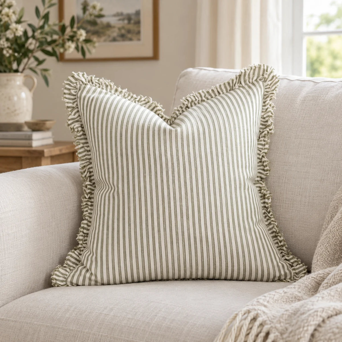 Hallie Olive Green Pinstripe Cushion Cover — styled view 1