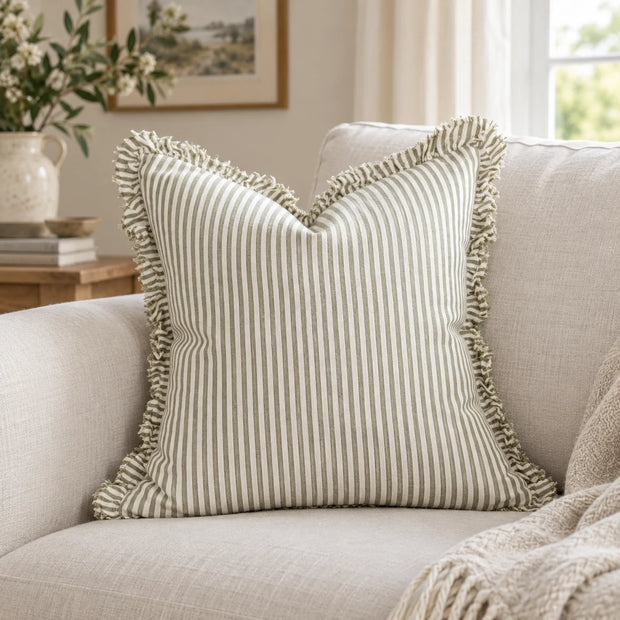 Hallie Olive Green Pinstripe Cushion Cover — styled view 1