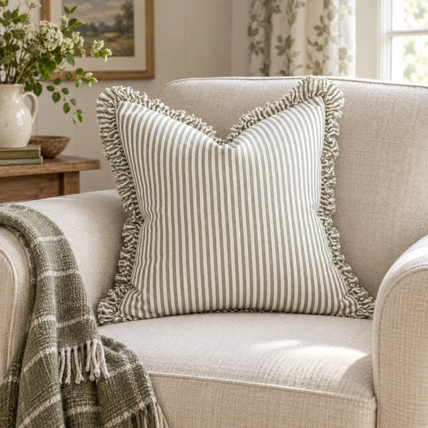 Hallie Olive Green Pinstripe Cushion Cover — styled view 2
