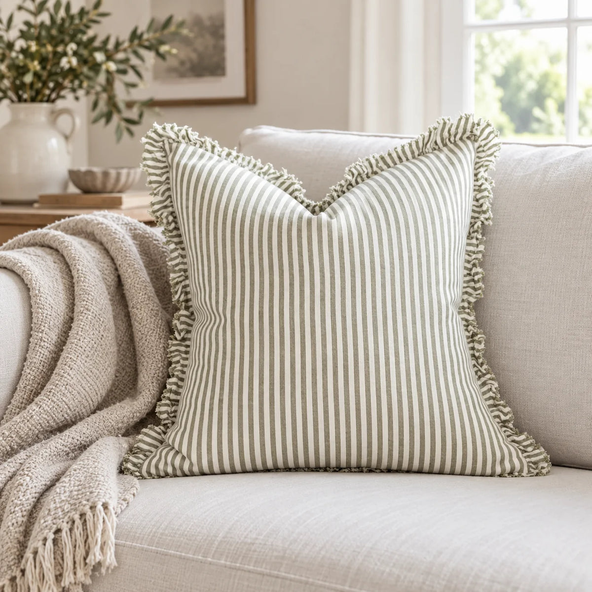 Hallie Olive Green Pinstripe Cushion Cover — styled view 3
