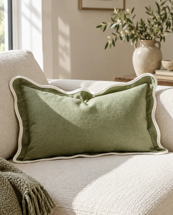 Chloe Sage Green And Cream Rectangle Scalloped Edge Cushion Cover — styled view 1
